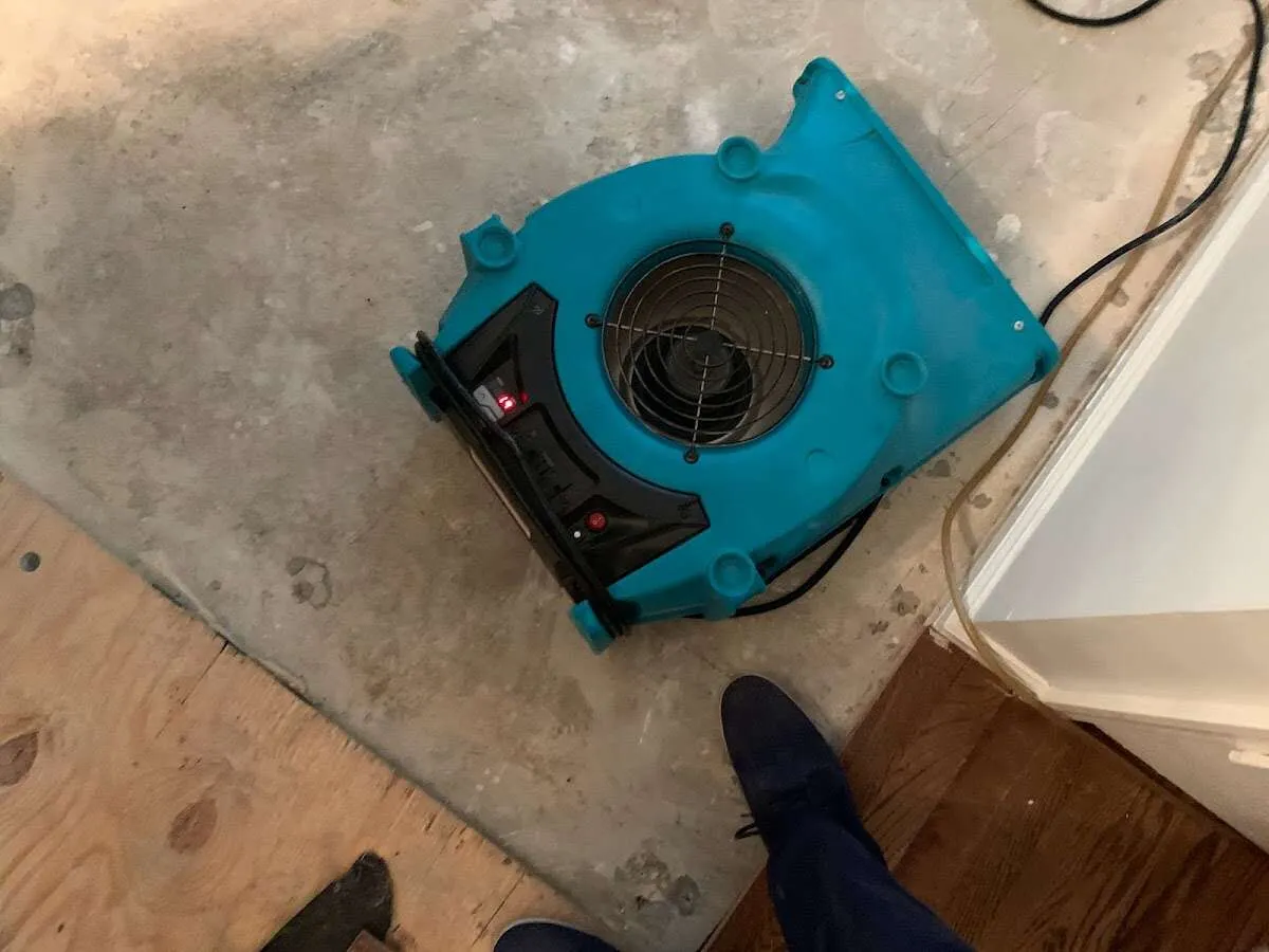 Air mover drying subfloor during Leak Detection & Repair in Monument